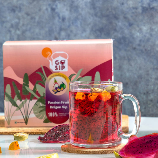 Passion Fruit Dragon Sip containing Dragon Fruit, Kumquat and Passion Fruit