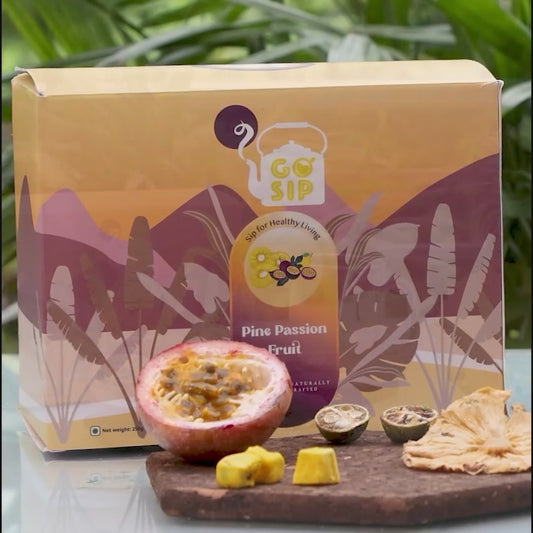 Pine Passion Fruit Sip containing Pineapple, Kumquat and Passion Fruit
